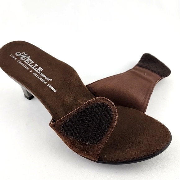 Helle Comfort Brown Suede Chrome Kitty Heeled Slip On Sandals Arch Support Sz 38 - Picture 10 of 16